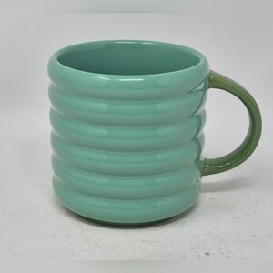 Indigo Mint Green Ribbed Ceramic Mug with Olive Handle And Flower Print